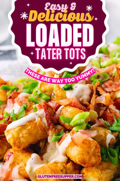 Loaded tater tots on newspaper. Tartar Tots Recipes, Hand Held Snacks, Gluten Free Dairy Free Recipes Dinner, Easy Dinners For Kids, Holiday Party Menu, Loaded Tater Tots, Snack At Home, Savory Bacon, Tater Tot Recipes