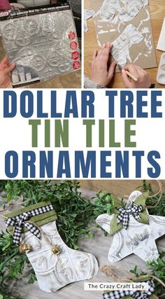 These Tin Tile Ornaments will add a touch of rustic charm to your Christmas Tree. Transform Dollar Tree faux tin wall tiles into beautiful ornaments in classic holiday shapes. Vintage Homemade Christmas Tree Ornaments, Christmas Crafts With Ornaments, Metal Ornaments Diy, Holiday Crafts Christmas Ornaments, Faux Tin Tile Crafts, Hand Made Christmas Ornaments, Dollar Tree Tin Tile Crafts, Dollar Tree Tin Tile, Vintage Christmas Ornaments Diy