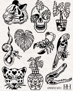 an assortment of skulls, flowers and other things in black ink on white paper with the words