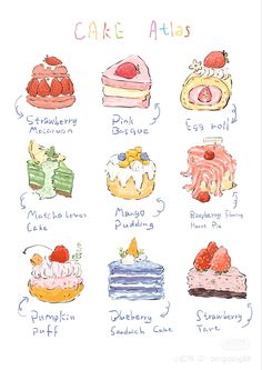 a drawing of cakes with different toppings and names for each cake, including strawberries