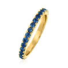 Ross-Simons - .75 ct. t. w. Sapphire Ring in 18kt Gold Over Sterling. Size 10. This ring is the perfect gift for a September birthday - or any birthday! Featuring .75 ct. t. w. sapphire rounds that sparkle in polished 18kt yellow gold over sterling silver. 1/8" wide. Sapphire ring. Sapphire birthstones are the perfect gift for September birthdays. Formal Stackable Round Cut Birthstone Ring, Stackable Round Cut Birthstone Ring For Formal Occasions, Formal Half Eternity Birthstone Ring - Round Shape, Yellow Gold Sapphire Ring With Vs Clarity Round Cut, Yellow Gold Eternity Band With Birthstone For Anniversary, Formal Round Half Eternity Birthstone Ring, Fine Jewelry Sapphire Ring With Vs Clarity For Anniversary, Anniversary Topaz Stackable Ring In Fine Jewelry Style, Fine Jewelry Yellow Gold Sapphire Ring With Prong Setting