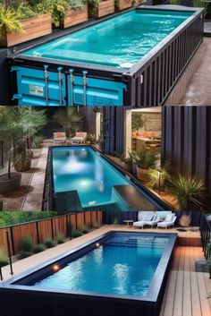 an above ground swimming pool is shown in three different views, including the deck and patio area