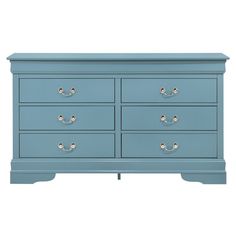 a blue dresser with four drawers and two handles