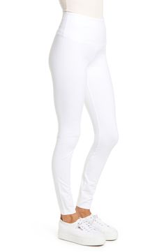 Feel confident in these essential leggings made with soft stretch-cotton jersey, anatomical seams and a wide, smoothing waistband. 28" inseam; 9" leg opening; 10 1/2" front rise; 14 1/2" back rise (size Medium) Wide elasticized waistband with inner slimming panel 86% cotton, 14% spandex Machine wash, tumble dry Imported Hosiery High Stretch Cotton Leggings For Athleisure, High Stretch Cotton Athleisure Leggings, Stretch Mid-rise Cotton Jeggings, Stretch Solid Color Straight Leg Leggings, Solid Color Stretch Straight Leg Leggings, Stretch Solid Straight Leg Leggings, Fitted Straight Leg Yoga Leggings, Fitted Pull-on Style Leggings With Straight Leg, High Rise Tight Elastane Leggings