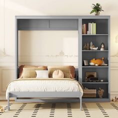 a bedroom with a bed, bookshelf and shelves