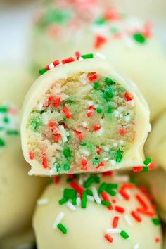 white chocolate covered with green and red sprinkles on top of each other