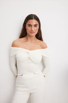 Off Shoulder Twisted Top Chic Ruched Off-shoulder Fitted Top, Chic Ruched Off-shoulder Top For Night Out, White Fitted Off-shoulder Top, Chic White Off-shoulder Top For Night Out, Chic Fitted Ruched Off-shoulder Top, White Stretch Chic Off-shoulder Top, Chic White Stretch Off-shoulder Top, Chic White Ruched Top, Claire Rose