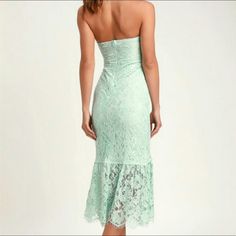 New With Tags! Same Day Shipping! We Are Swooning Over The Lulus Divine Nights Mint Green Lace Strapless Midi Dress! Soft And Lightweight Floral Lace Sweeps Over A Matching Knit Liner To Shape This Romantic Dress With A Strapless Neckline (With No-Slip Strips) And A Bustier-Style Bodice. A Fitted Waist Tops A Sultry Midi-Length Trumpet Skirt That Falls To A Romantic Sheer Lace Hem. Hidden Back Zipper/Clasp. Lined. 100% Polyester. Hand Wash Cold. Imported. Strapless Lace Dress For Spring Date Night, Fitted Strapless Dress With Lace Trim For Spring, Lace Strapless Dress For Brunch, Lace Bodycon Midi Dress, Wrap Sweater Dress, Trumpet Skirt, White Bodycon Dress, Tie Front Dress, Strapless Neckline