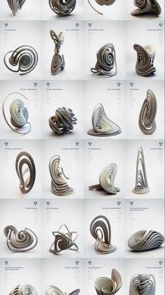 many different types of metal objects are shown in this image, including spirals and curves