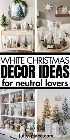 White Christmas Decor White And Greenery Christmas Decor, White Christmas Interior Decor, White Tree Display, Neutral Winter Throw Pillows, White Xmas Decorating Ideas, Cream Christmas Decor Ideas, White Christmas Entryway Decor, Christmas Decor For Top Of Hutch, Neutral And Black Christmas Decor