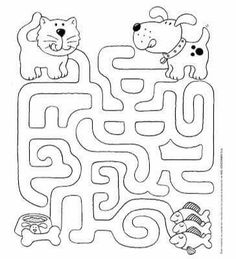 a dog and cat are looking at the fish in this maze coloring page for kids