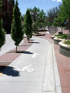 a bike lane on the side of a street with trees and bushes in front of it