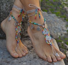 This listing is for a PAIR of barefoot sandals. Beautiful and unique barefoot sandals with a spring vibration. They look great as necklace or on the hands too :) The camel suede strap sandals (picture 2, 4 and 6) are also available in my shop: https://www.etsy.com/listing/829037729 Handmade crocheted with love and care using waxed polyester cord, tree of life tibetan silver links,tibetan silver charms, tibetan silver beads, wooden beads, greek ceramic beads and czech seed beads. The lace is long Bohemian Silver Beaded Anklets, Silver Bohemian Barefoot Sandals As Gift, Bohemian Summer Anklets With Colorful Beads, Silver Bohemian Barefoot Sandals For Gift, Hippie Beaded Barefoot Sandals As A Gift, Handmade Multicolor Bohemian Barefoot Sandals, Bohemian Beaded Silver Barefoot Sandals, Silver Beaded Bohemian Barefoot Sandals, Bohemian Silver Beaded Barefoot Sandals