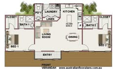 the floor plan for a house with two bedroom and an attached laundry room, kitchen, living