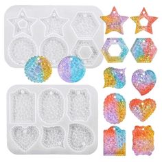 an ice tray with different shapes and designs on it, including hearts, stars, and circles