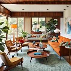 a living room filled with lots of furniture and plants on top of the coffee table