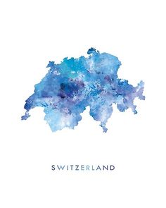 a watercolor map of switzerland in blue and purple colors with the name written on it