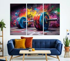 Gym canvas wall art Barbell graffiti print Weightlifting decor Sport Motivational poster Fitness wall art canvas print framed and ready to hand. This unique print is a perfect way to add a touch of motivation and style to your fitness routine. The high-quality canvas print captures the energy and excitement of weightlifting, making it a great addition to any gym or workout area. Features: Printed on high-quality canvas using fade-resistant inks Available in a variety of sizes to suit your needs Gym Graffiti, Fitness Wall Art, Urban Street Art, Modern Wall Art Canvas, Hanging Paintings, Motivational Poster, Graffiti Prints, Home Decor Paintings, Wall Artwork