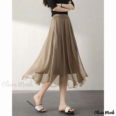 Olivia Mark - Chic Irregular Chiffon Midi Skirt with a Touch of Romance Chiffon Midi Skirt, Elegant Midi Skirt, Sleeveless Denim Dress, Types Of Skirts, A Line Skirt, A Line Skirts, Denim Dress, Wide Leg Pants, Midi Skirt