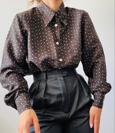 Classic Brown Blouse For Office, Classic Brown Office Blouse, Brown Buttoned Blouse For Work, Brown Collared Blouse With Button Cuffs, Brown Blouse With Buttons For Workwear, Brown Button Closure Blouse For Office, Brown Office Blouse With Button Closure, Brown Silk Blouse For Work, Elegant Brown Silk Blouse