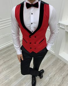 Elegant Fitted Red Vest, Red Vest With Pockets For Spring, Fitted Red Vest For Winter, Fitted Red Winter Vest, Red Suits For Spring Party, Red Suit For Spring Party, Classic Red Winter Vest, Red Spring Party Suit, Tailored Red Suit For Winter