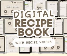 the digital recipe book with recipe videos on it and an image of several different types of food