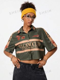 Style:Casual \nDetails:Zipper \nDetails:Side Stripe \nType:Shirt \nSleeve Type:Drop Shoulder \nNeckline:Shirt Collar \nColor:Army Green \nPattern Type:Colorblock \nPattern Type:Geometric \nPattern Type:Letter \nSleeve Length:Short Sleeve \nLength:Crop \nFit Type:Loose \nFabric:Non-Stretch \nMaterial:Woven Fabric \nComposition:100% Polyester \nCare Instructions:Machine wash, do not dry clean,wash with the soft detergent \nBody:Unlined \nSheer:No \n Cute Chill Outfits, School Festival, Sport Graphics, Green Shirts, Cute Lazy Day Outfits, Lazy Day Outfits, Chill Outfits, Women Blouses, Green Shirt