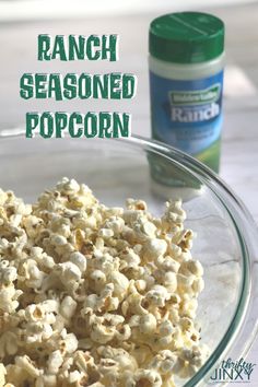 ranch seasoned popcorn in a glass bowl