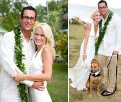 a man and woman are posing for pictures with their dog on a leash in front of the ocean