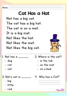 a cat has a hat worksheet for children to learn how to read it