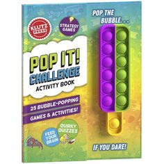 the pop it challenge activity book is purple and green, with two bubbles on top