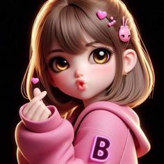 a cartoon girl with brown eyes and pink sweater pointing to her left side while wearing bunny ears