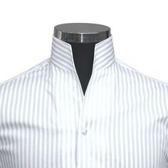 "Men's High Open V Collar White & Grey Downward Stripes, Standing Stripes, Vertical Stripes 100% Cotton Long Sleeves Dress Shirt  Buttons Option- White Buttons / Black Buttons MADE-TO-ORDER CLOTHES Shirt Style: Karl Lagerfeld Style/ High Chinese Mandarin Collar/ High Open V Collar Collar Style: 3\" High Stiff Buttonless Collar Pockets: Without pocket (Chest pocket can be added on request) Fabric: 100% Giza cotton soft & comfortable fabric Sleeves: Full Sleeves/ Long Sleeves Fine stitched (20-21 stitches per inch) Cleanly finished buttonholes Flat Felled Seams Hand cut and sewed individually High-quality tailoring Savile Row / British style collar Cuff: 4\" wide single cuff, with 3 buttons These shirts are made with a single cuff. For the double cuff, please leave us a message. * The shirts Luxury Men's Shirt With Vertical Stripes, Luxury Men's Smart Dress Shirt, Luxury Smart Men's Dress Shirt, Collar Types, Karl Lagerfeld Style, Karl Lagerfeld Fashion, Casual Grooms, High Collar Shirts, Open Collar Shirt