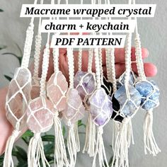 macrame wrapped crystal charm and keychain pattern with text overlay that says macrame wrapped crystal charm and keychain pattern