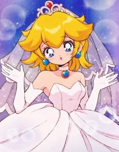 an anime character wearing a white dress and tiara with her hands in the air