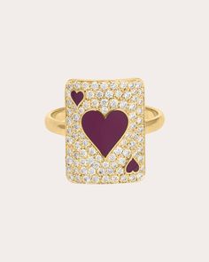 Modeled after playing cards, this 18k gold pinky ring displays heart-shaped motifs that symbolize joy, rejuvenation and the essence of life. Lab-grown white diamonds create ambient shimmer. From MYSTERYJOY’s Game Illusion Collection, symbolic pieces inspired by mystery and chance. 18k yellow gold, lacquer and lab-grown diamond Diamond carat: 0.43 ctw Diamond color: DF Diamond clarity: VS Polish with soft cloth Made in France Measurements Face width: 10.8mm Face length: 14mm | MYSTERYJOY Women's Lovely Âme Pinky Ring in Yellow Gold Size 3 Diamond Pinky Ring, Gold Pinky Ring, Cool Face, Ring Displays, Diamond Carat, Pinky Ring, Diamond Color, White Diamonds, Puzzle Pieces