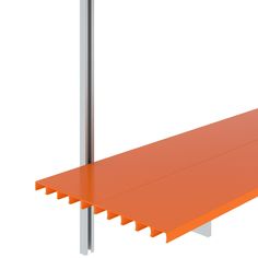 an orange shelf sitting on top of a white wall next to a metal pole and post