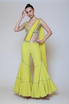 Shop for Preeti S Kapoor Yellow Georgette Draped Gharara Saree Set for Women Online at Aza Fashions Fitted Georgette Pants For Festive Occasions, Festive Fitted Georgette Pants, Bollywood Style Fitted Designer Pants, Bollywood Style Fitted Pants For Wedding, Bollywood Style Fitted Wedding Pants, Fitted Pants For Wedding Diwali Season, Fitted Pants For Wedding And Diwali, Fitted Pants For Wedding And Festivals, Yellow Gharara