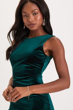 When you slip into the Lulus So Stunning Emerald Green Velvet Backless Midi Dress you will be just that, so stunning! Figure-flaunting, luxe velvet fabric frames your curves from a crew neckline and a sleeveless darted bodice, down to a midi-length hem. An ultra-deep V-back (with hidden V-bar for added support) dips low to show off your sexy side. Fit: This garment fits true to size. Length: Knee Length. Size medium measures 42" from shoulder to hem. Bust: Great for any cup size. Waist: Fitted - Elegant Sleeveless Bodycon Dress For Holidays, Elegant Velvet Mini Dress For Prom, Elegant Velvet Bodycon Dress For Date Night, Elegant Stretch Velvet Party Dress, Elegant Velvet Mini Dress, Elegant Sleeveless Velvet Dress For Formal Occasions, Elegant Velvet Bodycon Party Dress, Elegant Sleeveless Velvet Prom Dress, Sleeveless Velvet Mini Dress For Evening