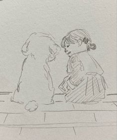 a drawing of two children sitting on the ground with a dog looking at each other