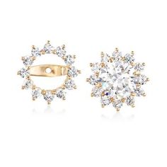 Ross-Simons - 1.00 ct. t.w. Cubic Zirconia Earring Jackets in 14kt Yellow Gold. Dress up your favorite studs with these timeless earring jackets. In 14kt yellow gold with 1.00 ct. t.w. CZs, they can accommodate round studs up to 8mm (or 4.00 ct. t.w.), sold separately. CZ earring jackets. CZ weights are diamond equivalents. Yellow Gold Dress, Earring Jackets, Halo Earrings Studs, Yellow Gold Jewelry, Natural Gold, Cz Jewelry, Jewelry Images, Cz Stud Earrings, Cubic Zirconia Earrings