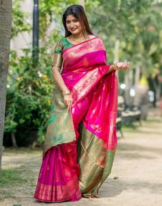 Type: Saree Saree Color: Pink Blouse Color: Green Saree Length: 6.2 Mtrs Blouse Length: 0.80 Mtr Fabric: Soft Banarasi Silk Work: Zari Weaving Care Instruction: Hand Wash Product Code: 53415 Banarasi Silk Saree, Banarasi Saree, Banarasi Sarees