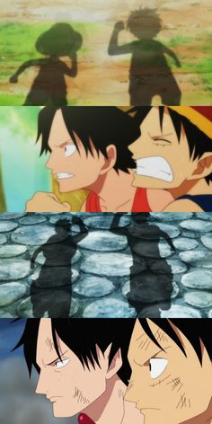 two anime characters with their shadows on the water