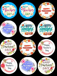 teacher's day badges with flowers and happy teachers day written on the front in bright colors