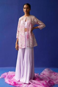 Shop for Surbhi Gupta Purple Blouse - Cotton Silk Julia Embellished Jacket And Sharara Set for Women Online at Aza Fashions Organza Sharara, Mirror Sequin, Organza Jacket, Tie Dye Jackets, Blouse Cotton, Fashion Tops Blouse, Embellished Jacket, Open Sleeve, Purple Blouse