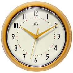 a yellow and white clock with numbers on the face is shown against a white background