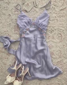 Light Purple Dress Aesthetic, Purple Summer Dress Outfit, Lavender Fashion Outfits, Hoco Dresses Lavender, Lavender Spring Outfits, Purple Couqutte, Purple Dress With Heels, Cute Sweet 16 Dresses, Coquette Dollette Outfits