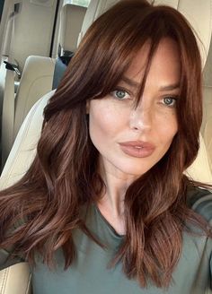 The Perfect Length: Long Bob Haircut Trends Medium Brown Reddish Hair, Chocolate Shag Hair, Auburn Hair With Wispy Bangs, Brown Hair With Auburn Tint, Fair Skin Auburn Hair, Chestnut Copper Brown Hair, Auburn Hair On Latinas, Whiskey Hair Color, Brunette Red Hair Warm Browns