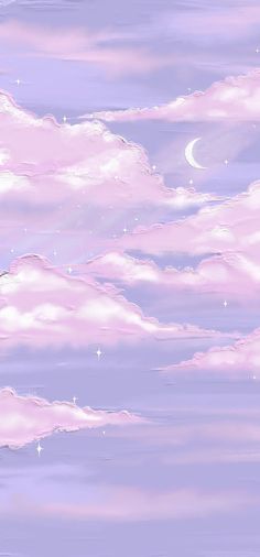 the sky is filled with pink clouds and white stars in the night, as if it were painted by watercolors