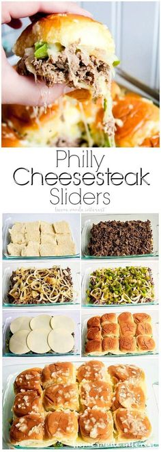 a collage of photos showing different types of cheesesteak sliders with text overlay